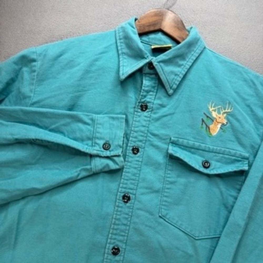 Vintage Made in USA Ideal Button Up Deer Shirt Regular Fit XL Teal Embroidered